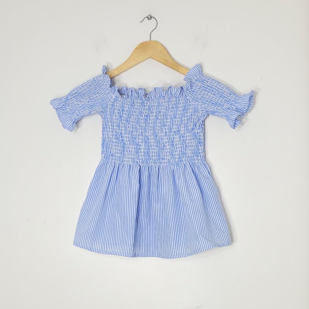 Urbanology Blue White Striped Ruffle Sleeve Off The Shoulder Puffy Flare Small